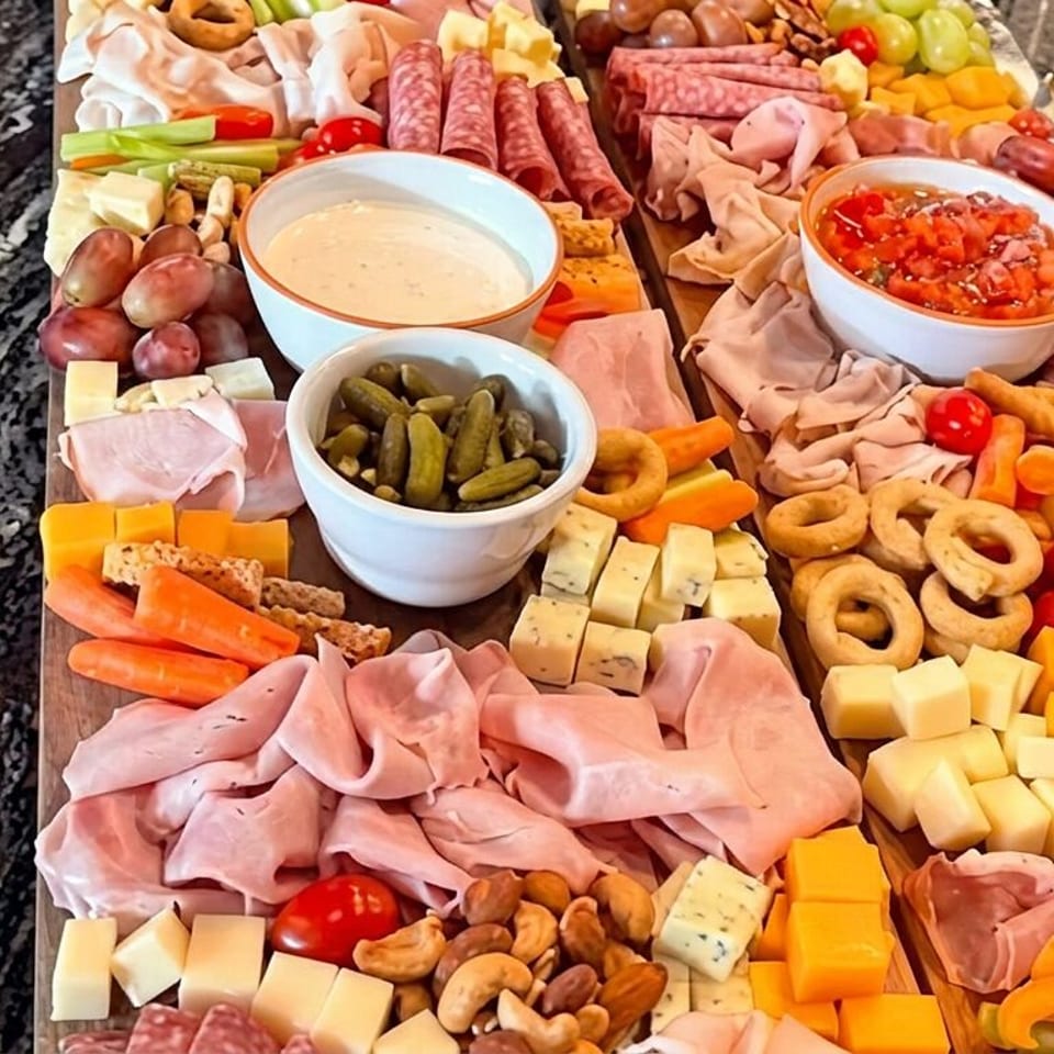 Abundant charcuterie board arranged with assorted meats, cheeses, crackers, vegetables, grapes, nuts, pickles, and dipping bowls.