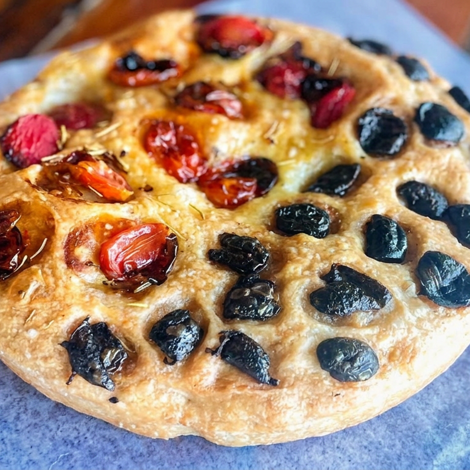 Golden focaccia topped with roasted cherry tomatoes, black olives, herbs, and olive oil on a blue serving board.