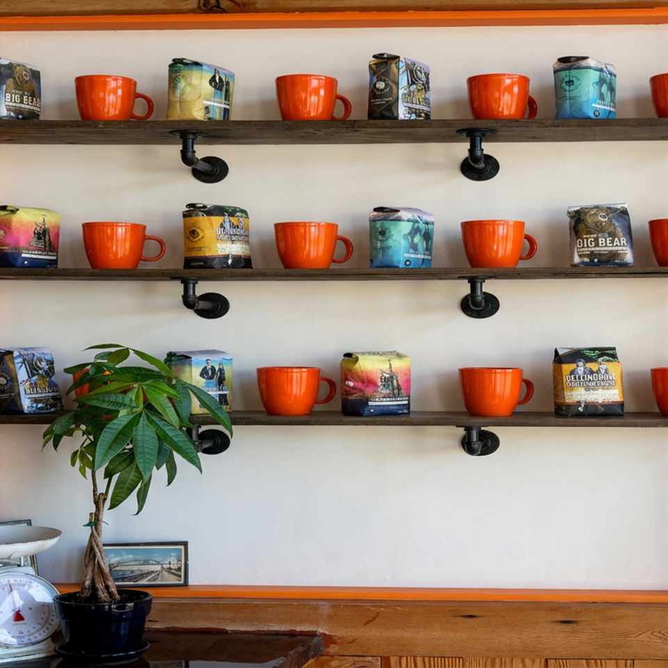 Rustic wooden shelves display orange mugs and coffee bags, with a potted plant, scale, and beverage dispenser below.
