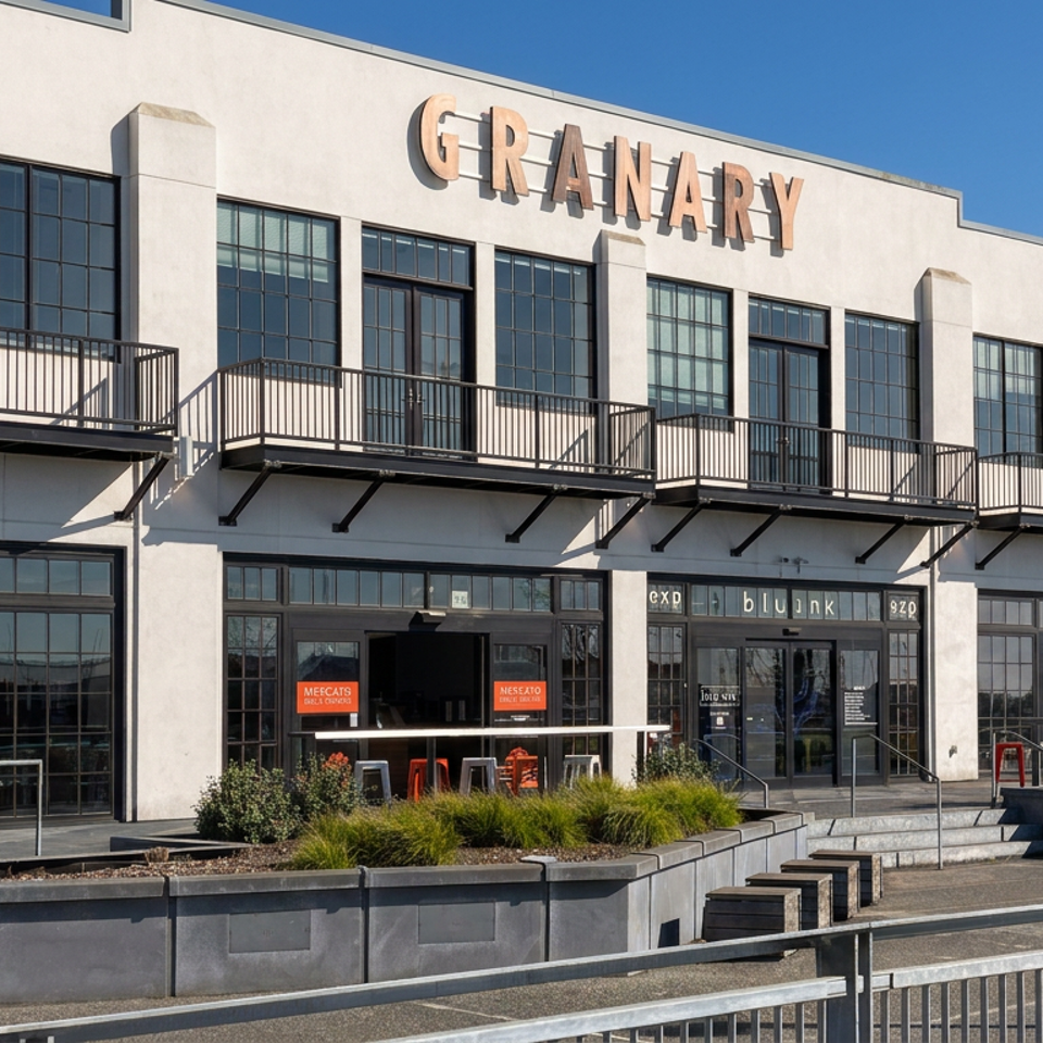 Granary building with large industrial windows, upper balconies, ground-floor restaurants, landscaped planters, and outdoor seating under a clear blue sky.