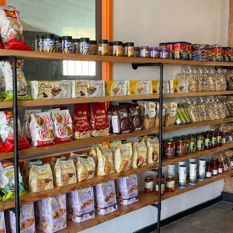 Wooden shelves display Italian pasta, crackers, cookies, sauces, canned goods, and packaged specialty foods in a restaurant shop.