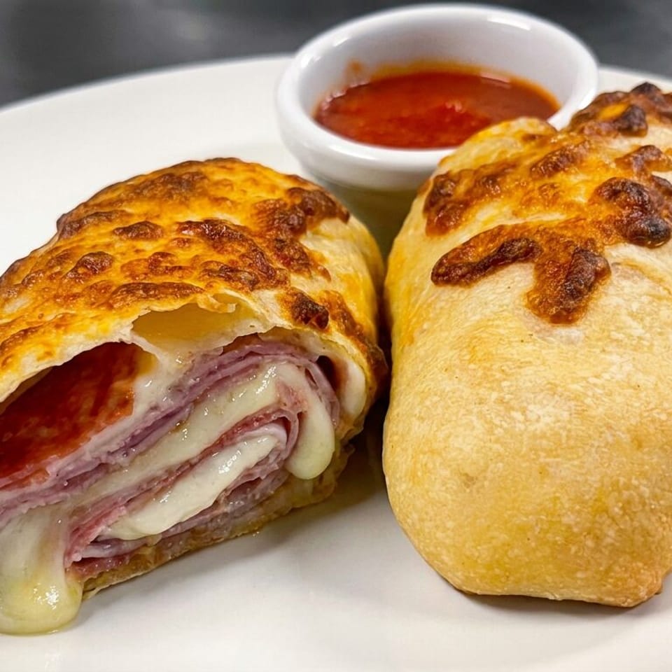Two golden-baked stuffed rolls, one sliced to reveal ham, melted cheese, and tomato sauce, served with dipping sauce.