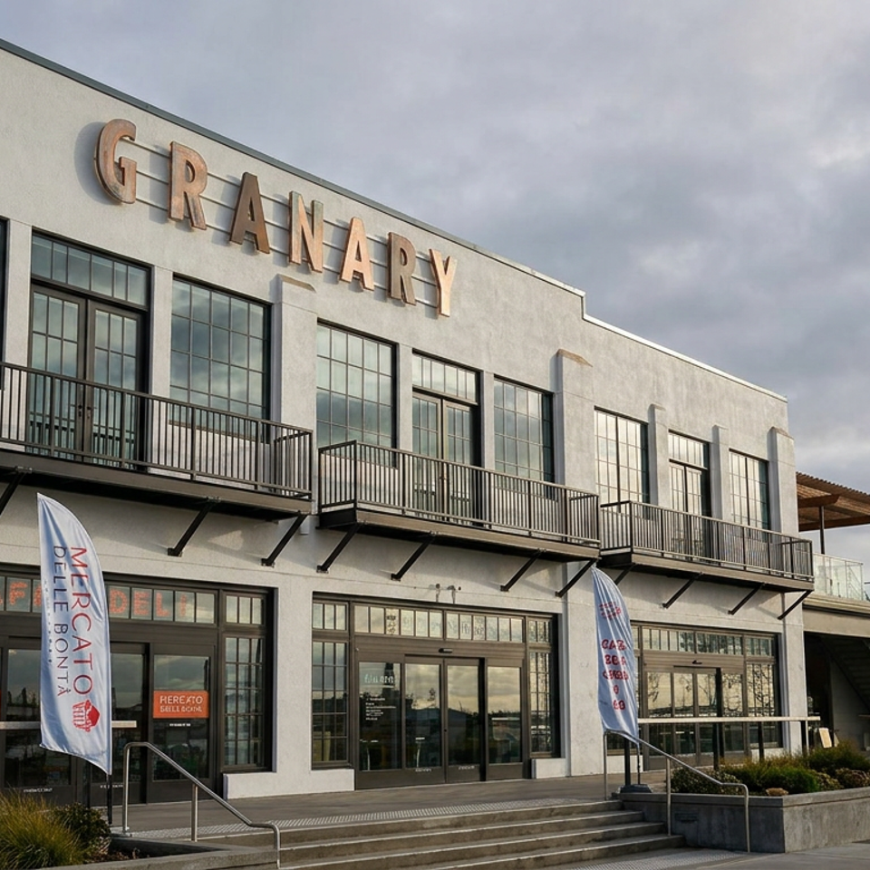 Modern Granary building with balconies, large windows, landscaped entrance, and Mercato deli signage under a cloudy sky.
