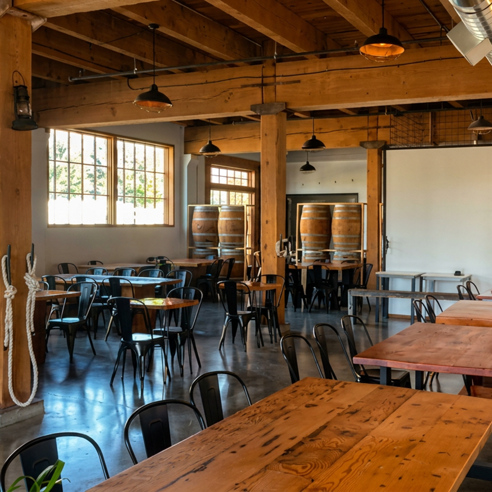 Rustic restaurant dining room with wooden tables, black metal chairs, exposed beams, large windows, pendant lights, and aging barrels.