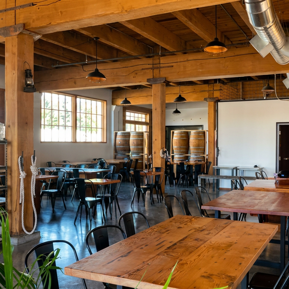 Industrial-style restaurant dining room with wooden beams, communal tables, black chairs, hanging lights, windows, and decorative barrels.