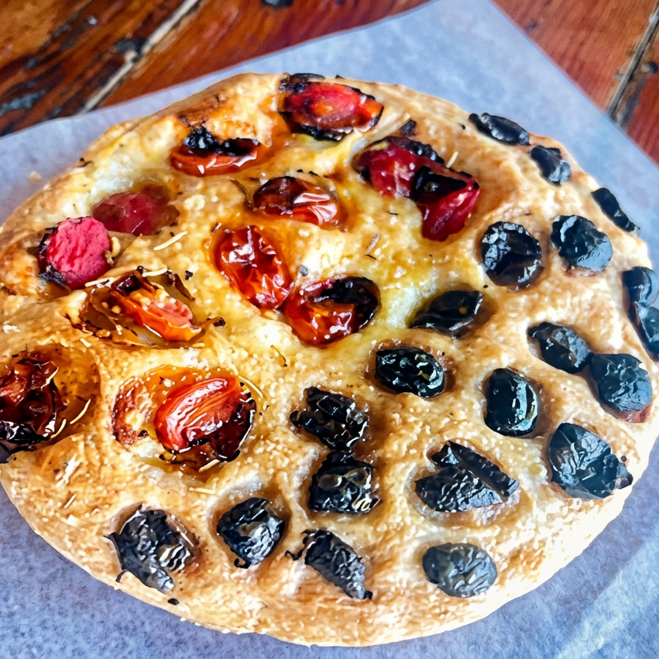 Golden focaccia topped with roasted tomatoes and black olives on parchment over a rustic wooden table.