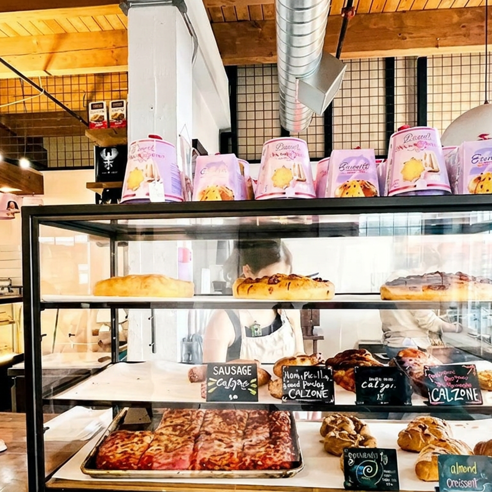 Bakery counter displaying calzones, pizza slices, croissants, scones, and packaged pastries in a warmly lit industrial café.