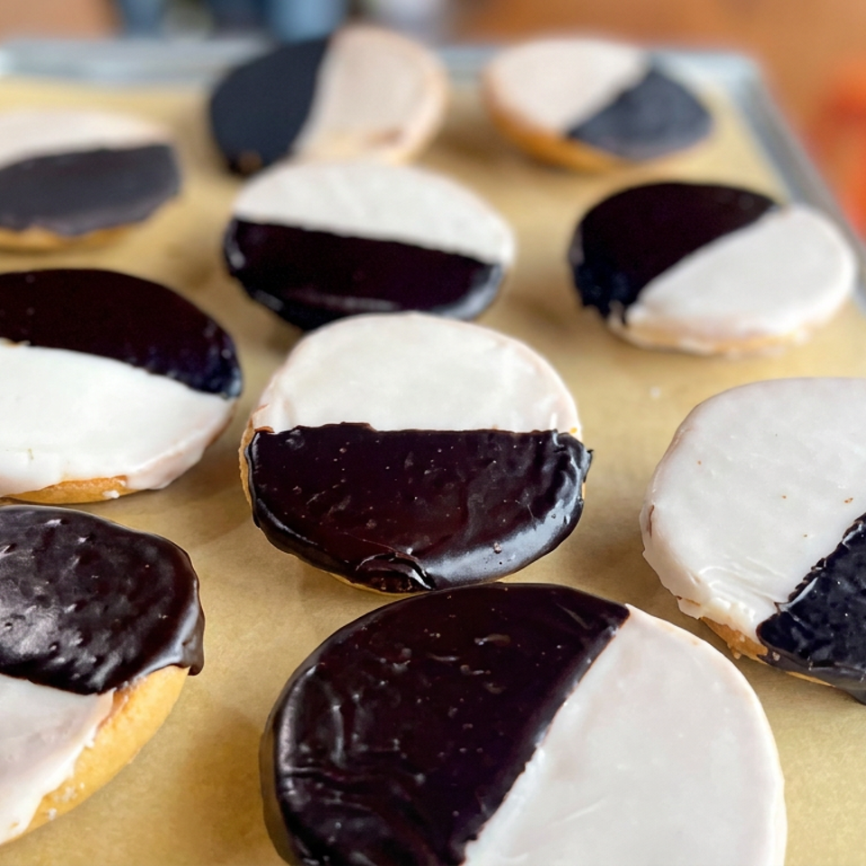 Tray of round cookies partially coated in contrasting dark chocolate and white icing.